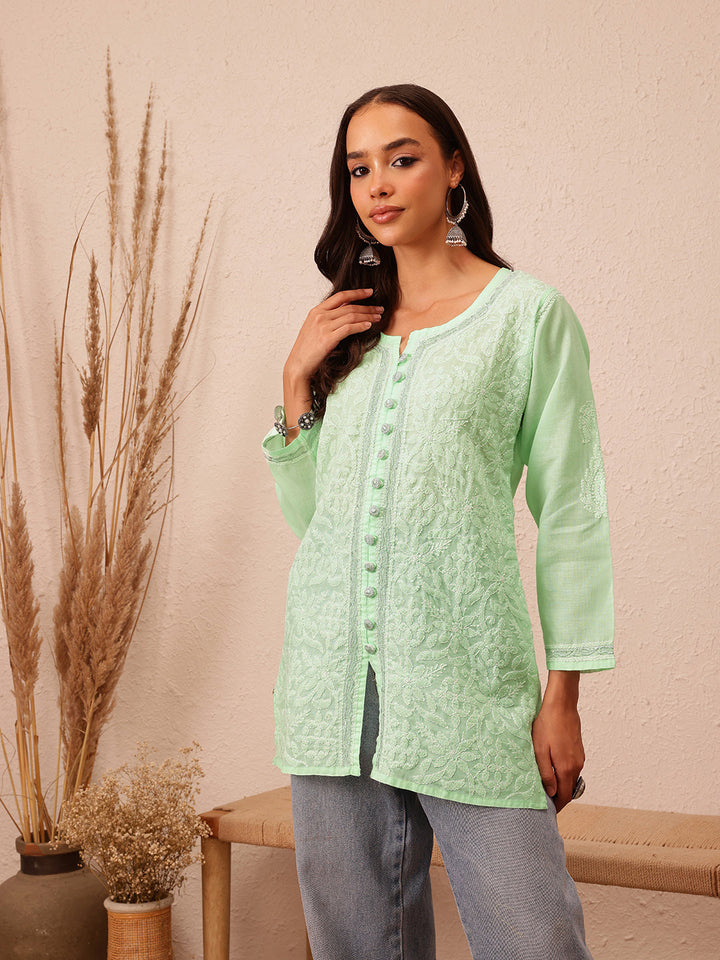 Green & White Handloom Cotton Chikankari Tunic