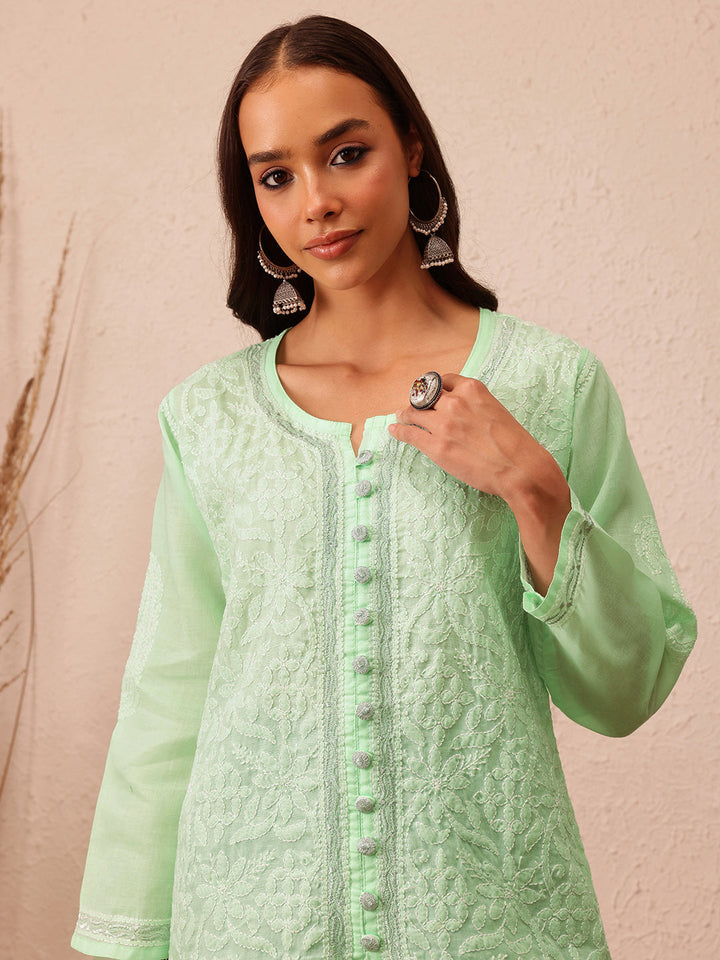 Green & White Handloom Cotton Chikankari Tunic