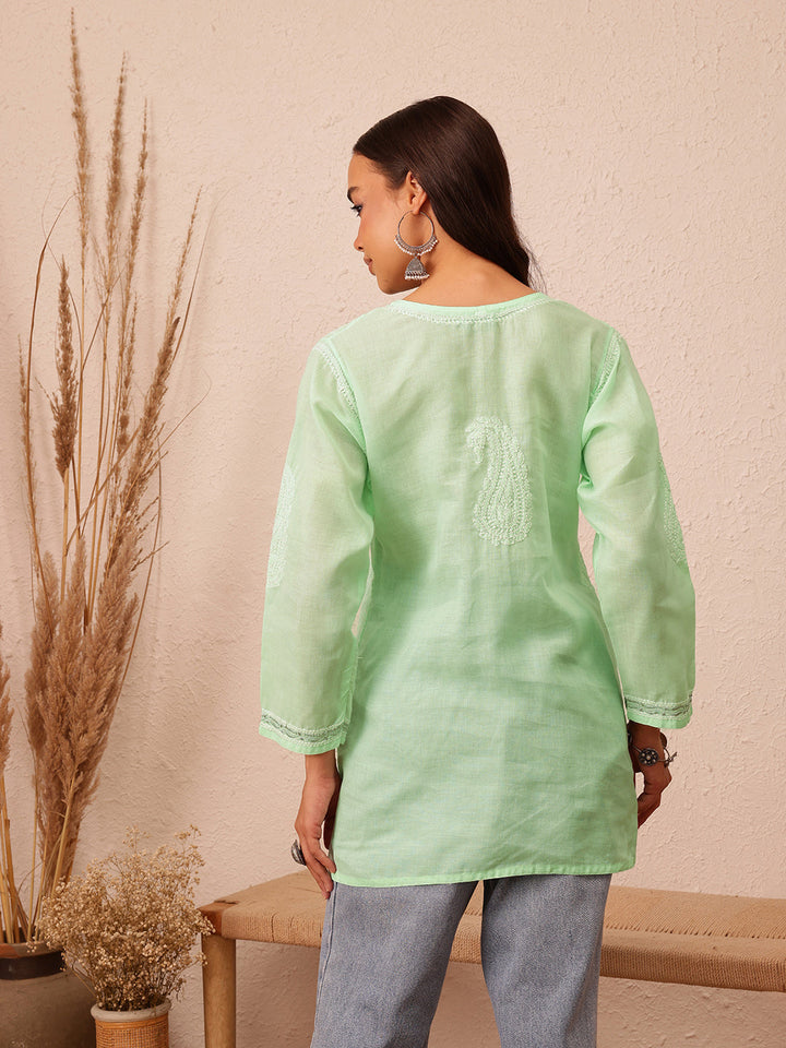 Green & White Handloom Cotton Chikankari Tunic