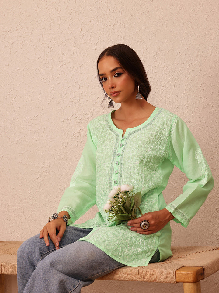 Green & White Handloom Cotton Chikankari Tunic