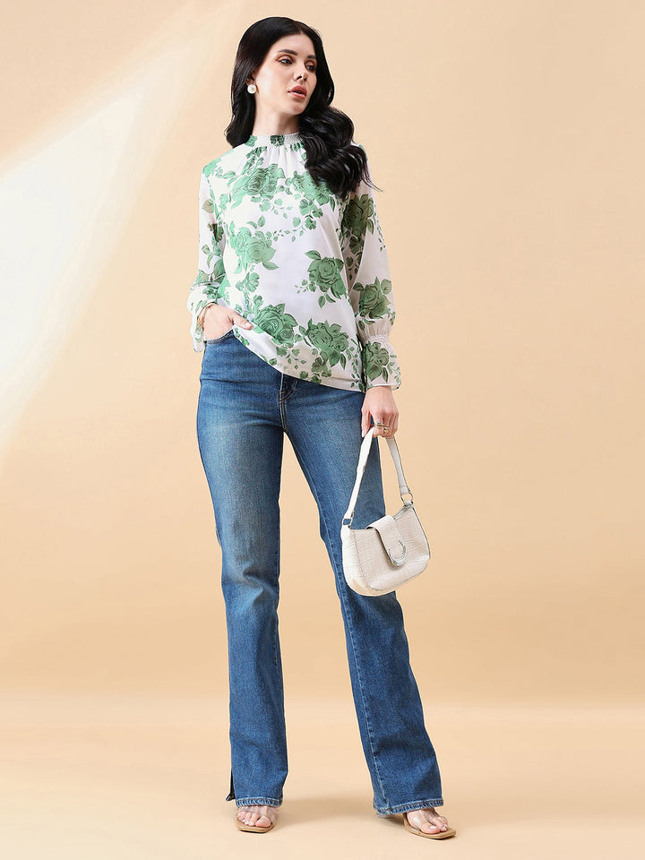 Green-&-White-Polyester-Ban-Neck-Ggt-Floral-Top