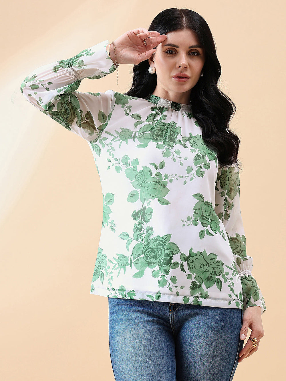 Green-&-White-Polyester-Ban-Neck-Ggt-Floral-Top