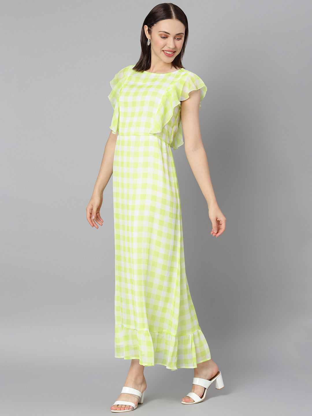 Green-&-White-Polyester-Check-Maxi-Dress