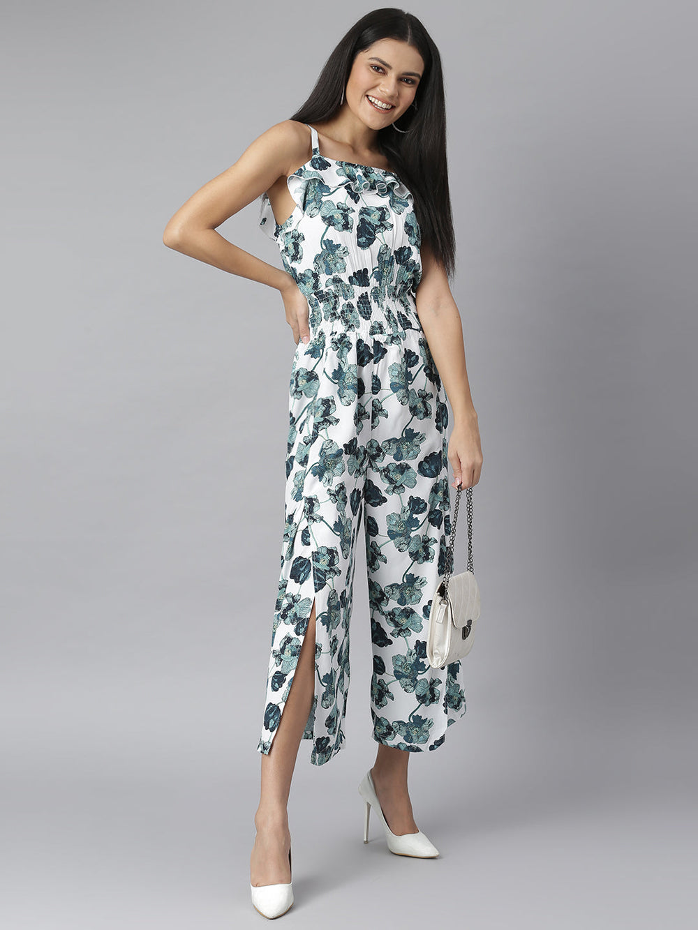 Green-&-White-Polyester-Jumpsuit-With-Slit-Pants