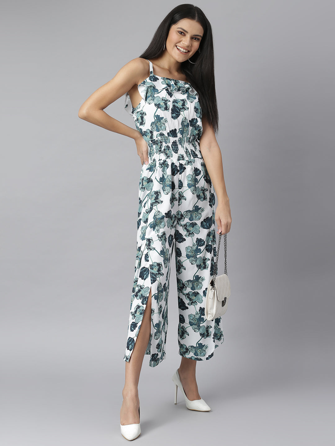 Green-&-White-Polyester-Jumpsuit-With-Slit-Pants