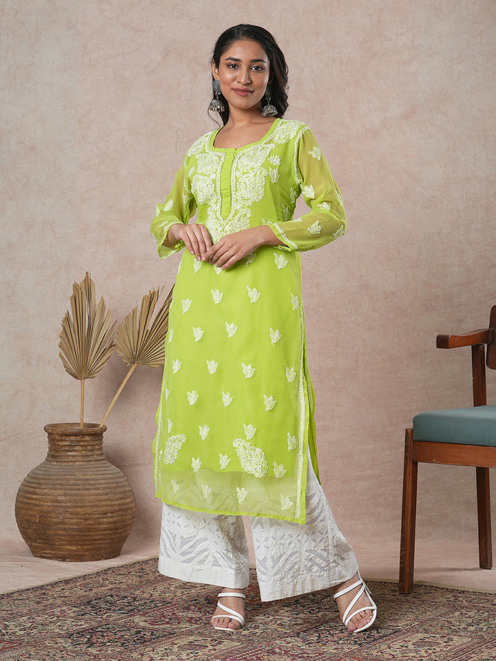 Green & White Semi-Sheer Chikankari Kurta With Slip