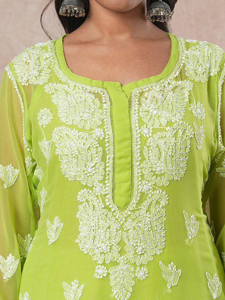 Green & White Semi-Sheer Chikankari Kurta With Slip