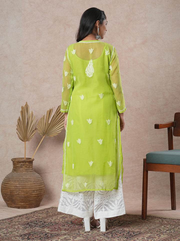 Green & White Semi-Sheer Chikankari Kurta With Slip