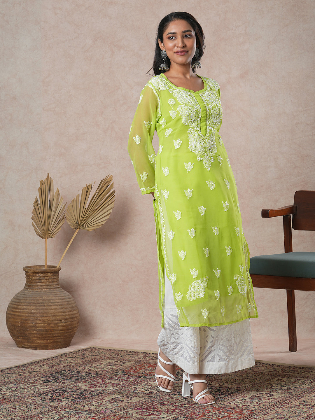 Green & White Semi-Sheer Chikankari Kurta With Slip