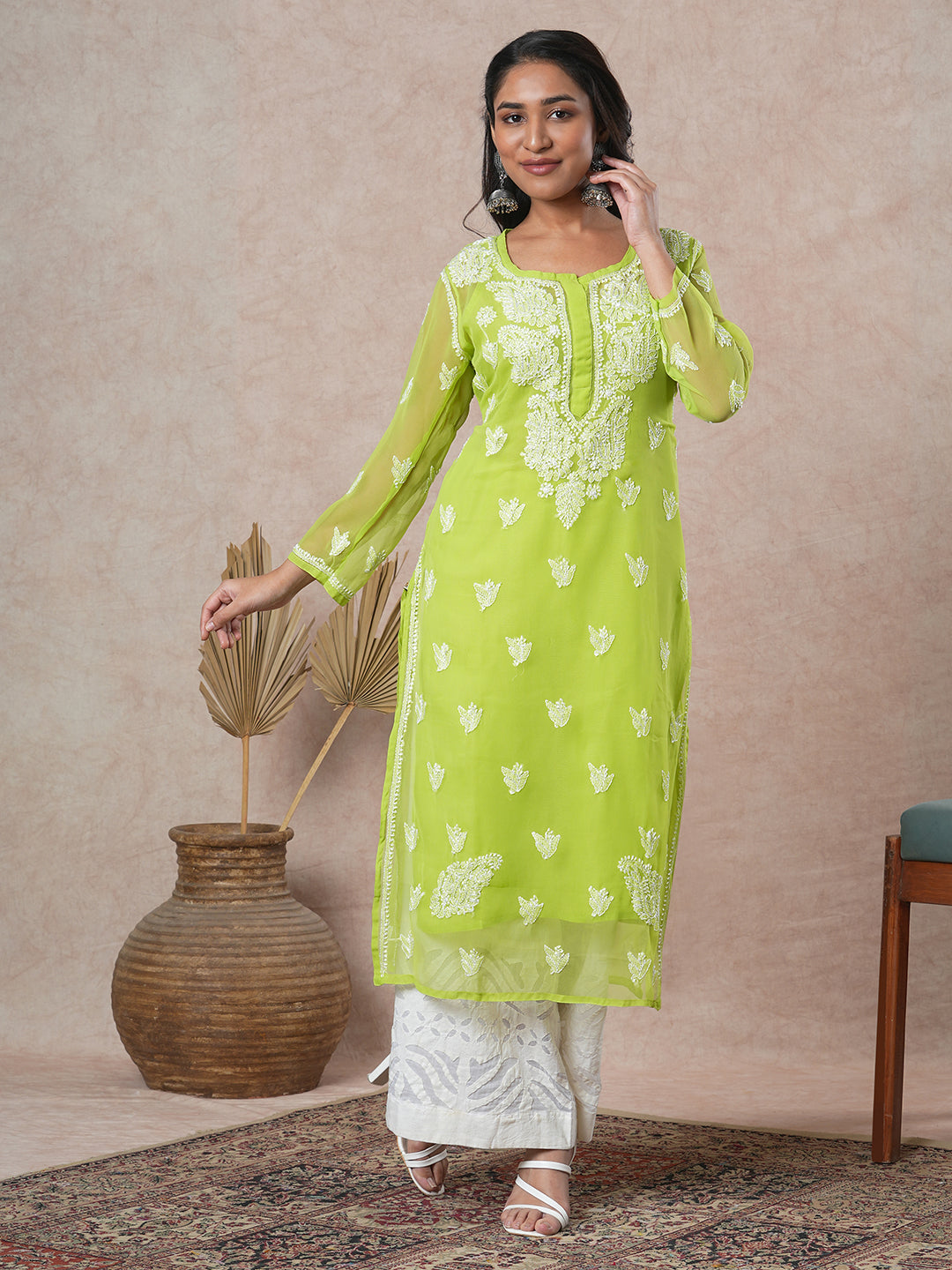 Green & White Semi-Sheer Chikankari Kurta With Slip