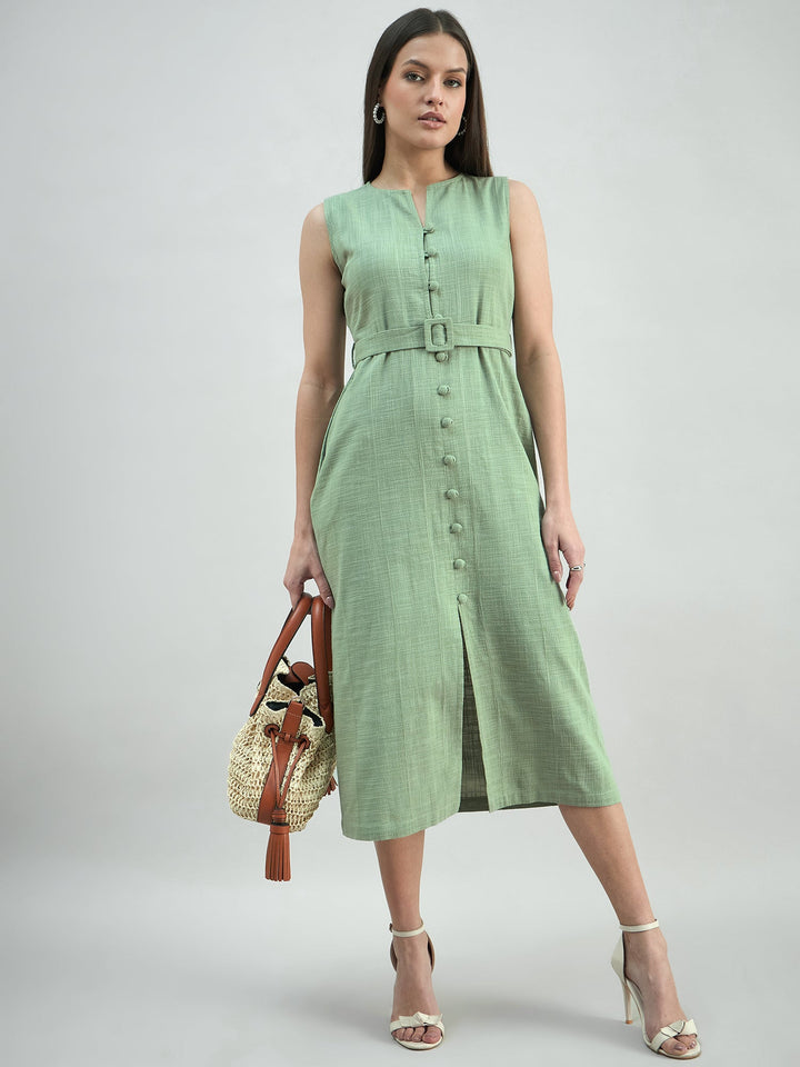Green-Button-Down-Cotton-Blend-Sleeveless-Shirt-Dress