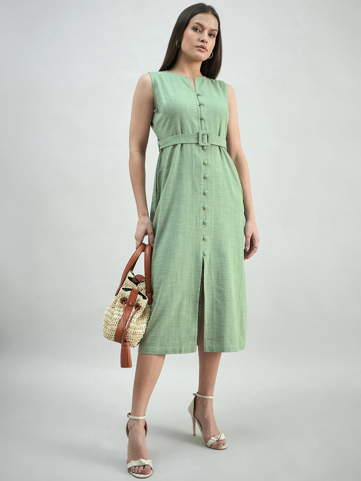 Green-Button-Down-Cotton-Blend-Sleeveless-Shirt-Dress