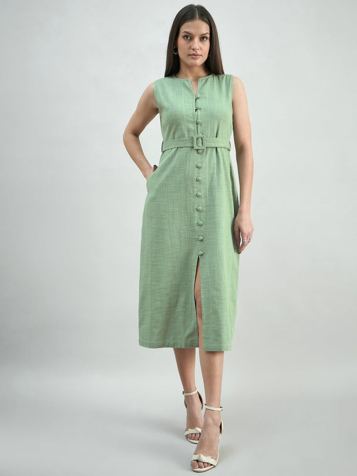 Green-Button-Down-Cotton-Blend-Sleeveless-Shirt-Dress
