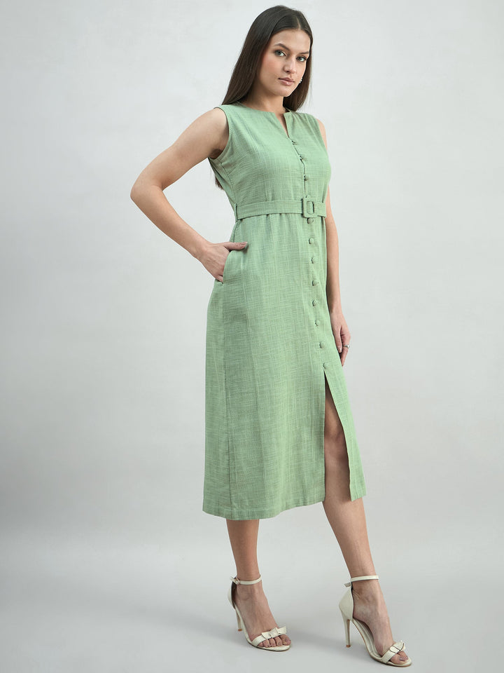 Green-Button-Down-Cotton-Blend-Sleeveless-Shirt-Dress