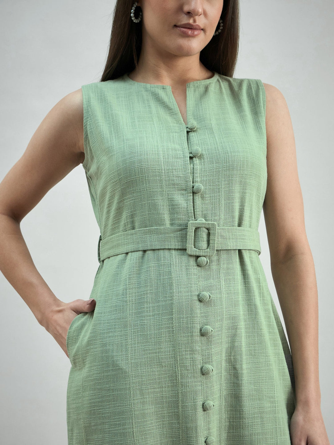 Green-Button-Down-Cotton-Blend-Sleeveless-Shirt-Dress