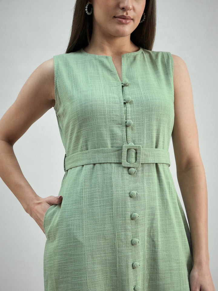 Green-Button-Down-Cotton-Blend-Sleeveless-Shirt-Dress