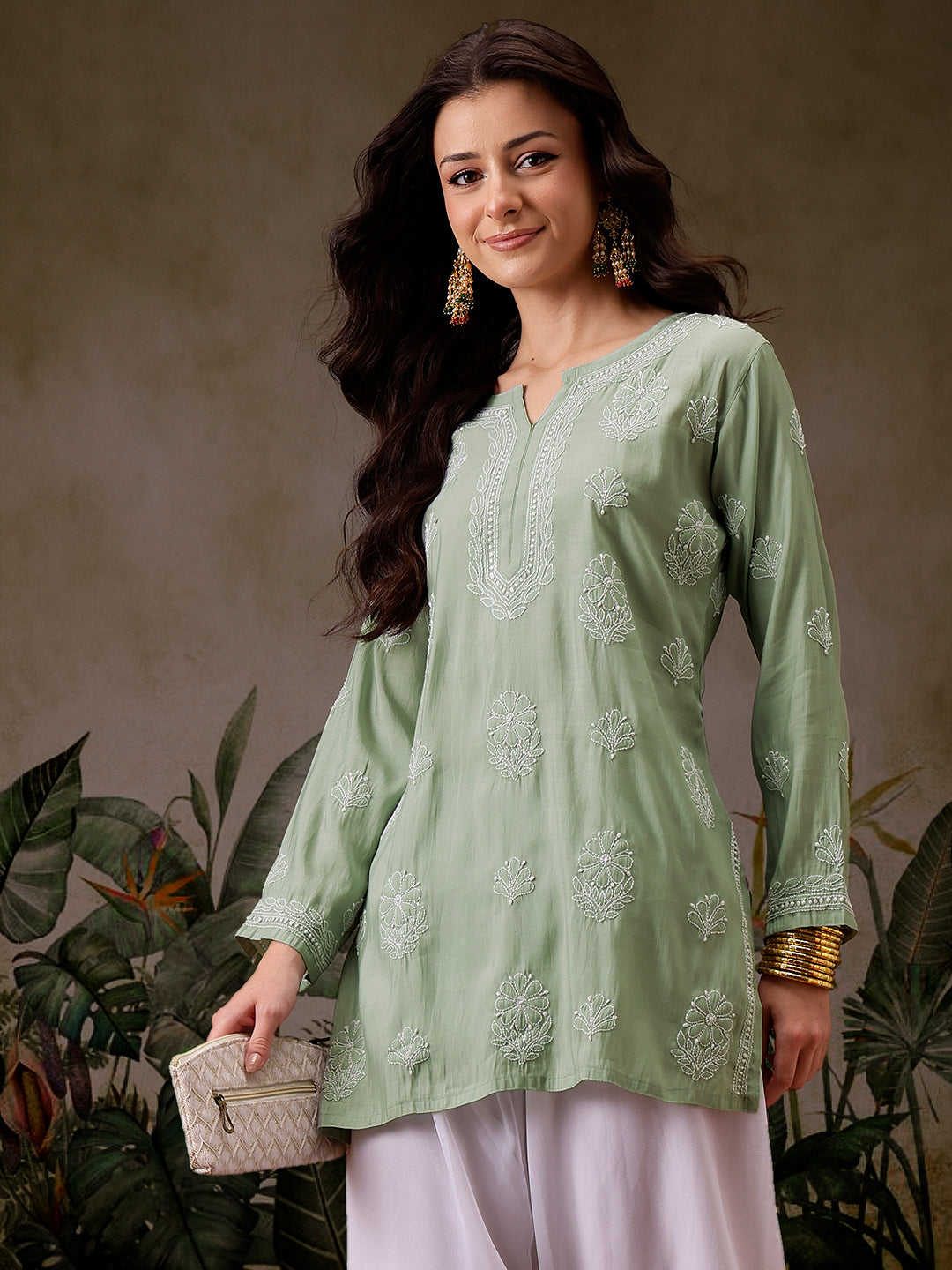 Pista-Green-Chanderi-Lucknowi-Chikankari-Short-Kurta-ONLY