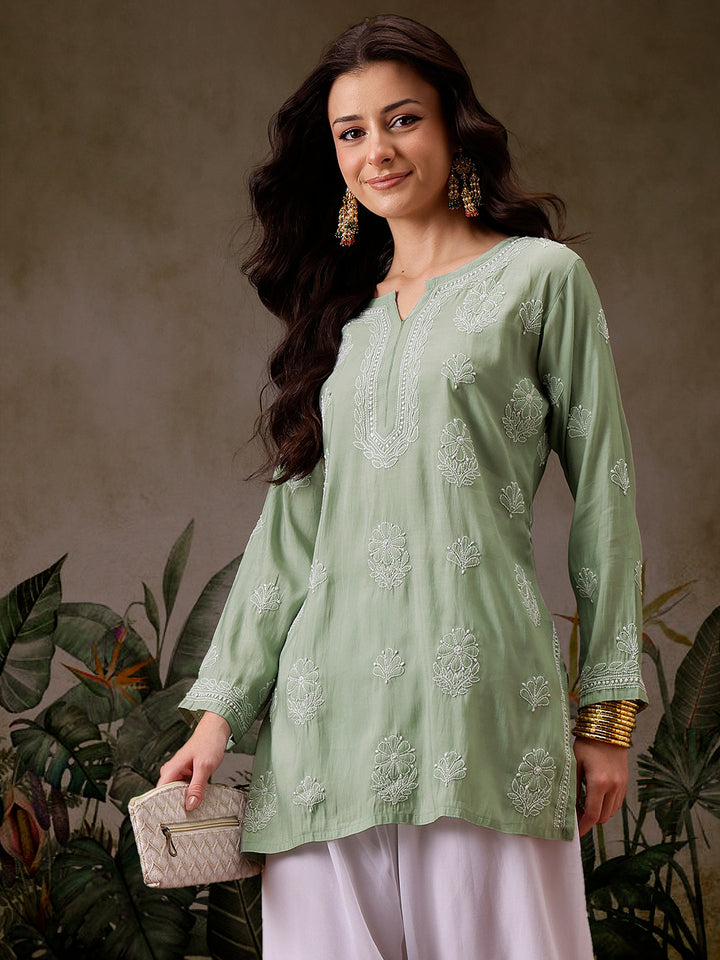 Pista-Green-Chanderi-Lucknowi-Chikankari-Short-Kurta-ONLY