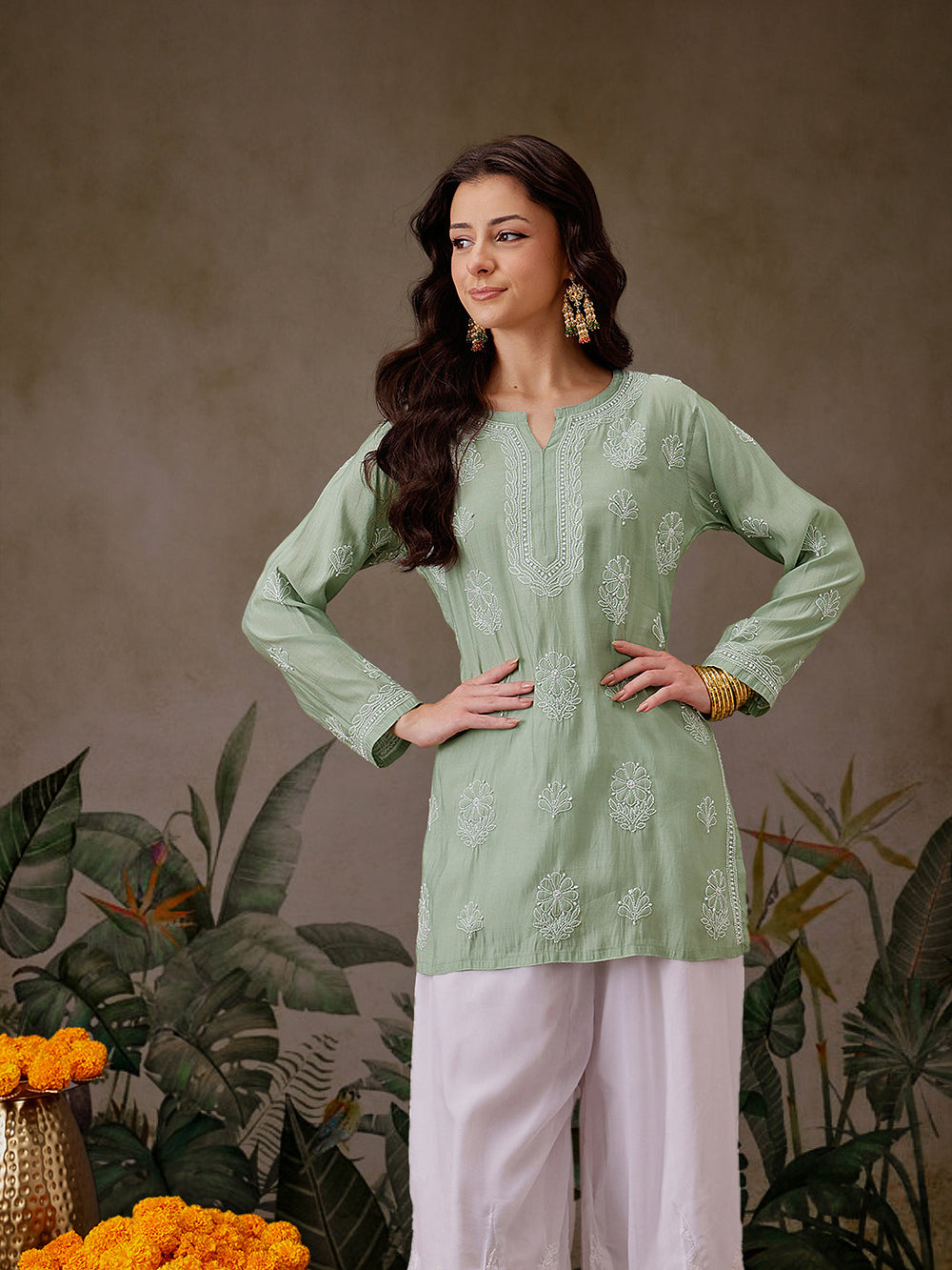 Pista-Green-Chanderi-Lucknowi-Chikankari-Short-Kurta-ONLY