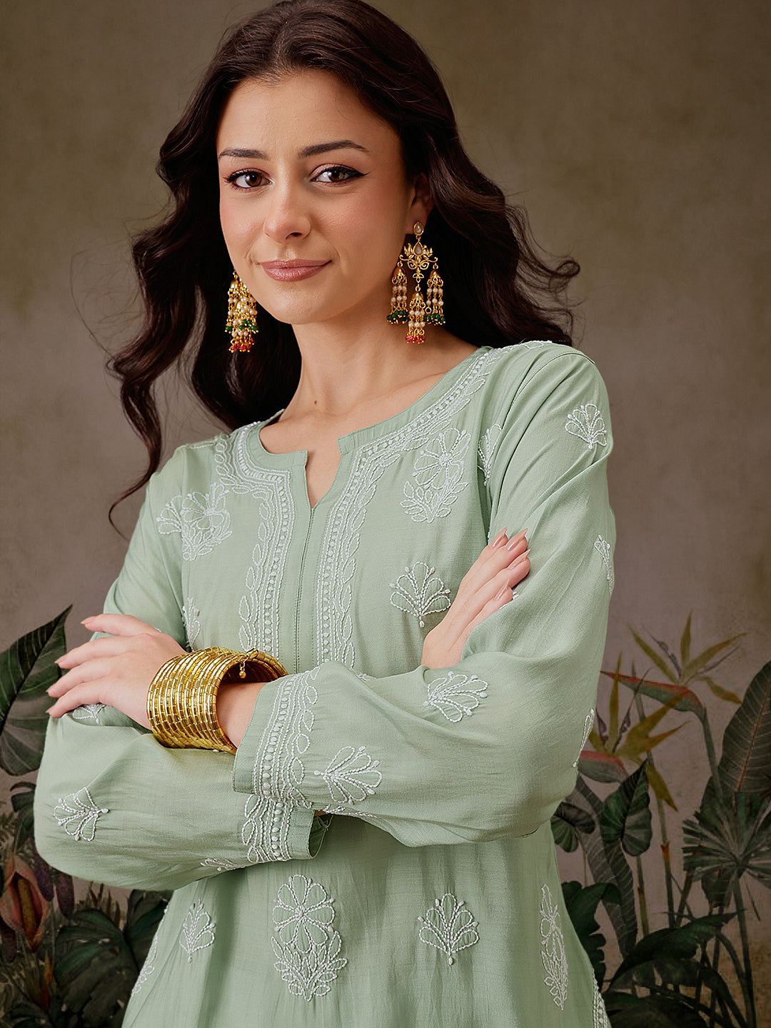 Pista-Green-Chanderi-Lucknowi-Chikankari-Short-Kurta-ONLY