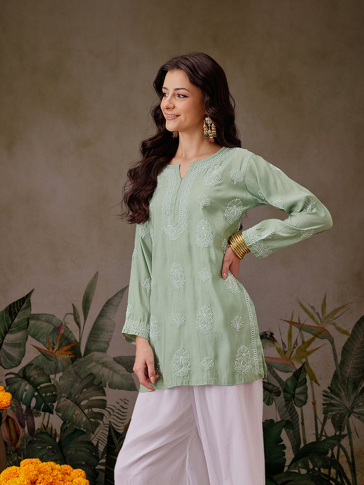 Pista-Green-Chanderi-Lucknowi-Chikankari-Short-Kurta-ONLY