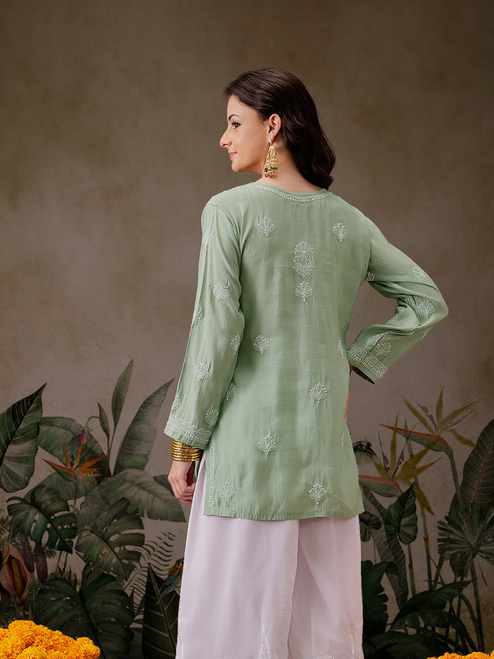 Pista-Green-Chanderi-Lucknowi-Chikankari-Short-Kurta-ONLY