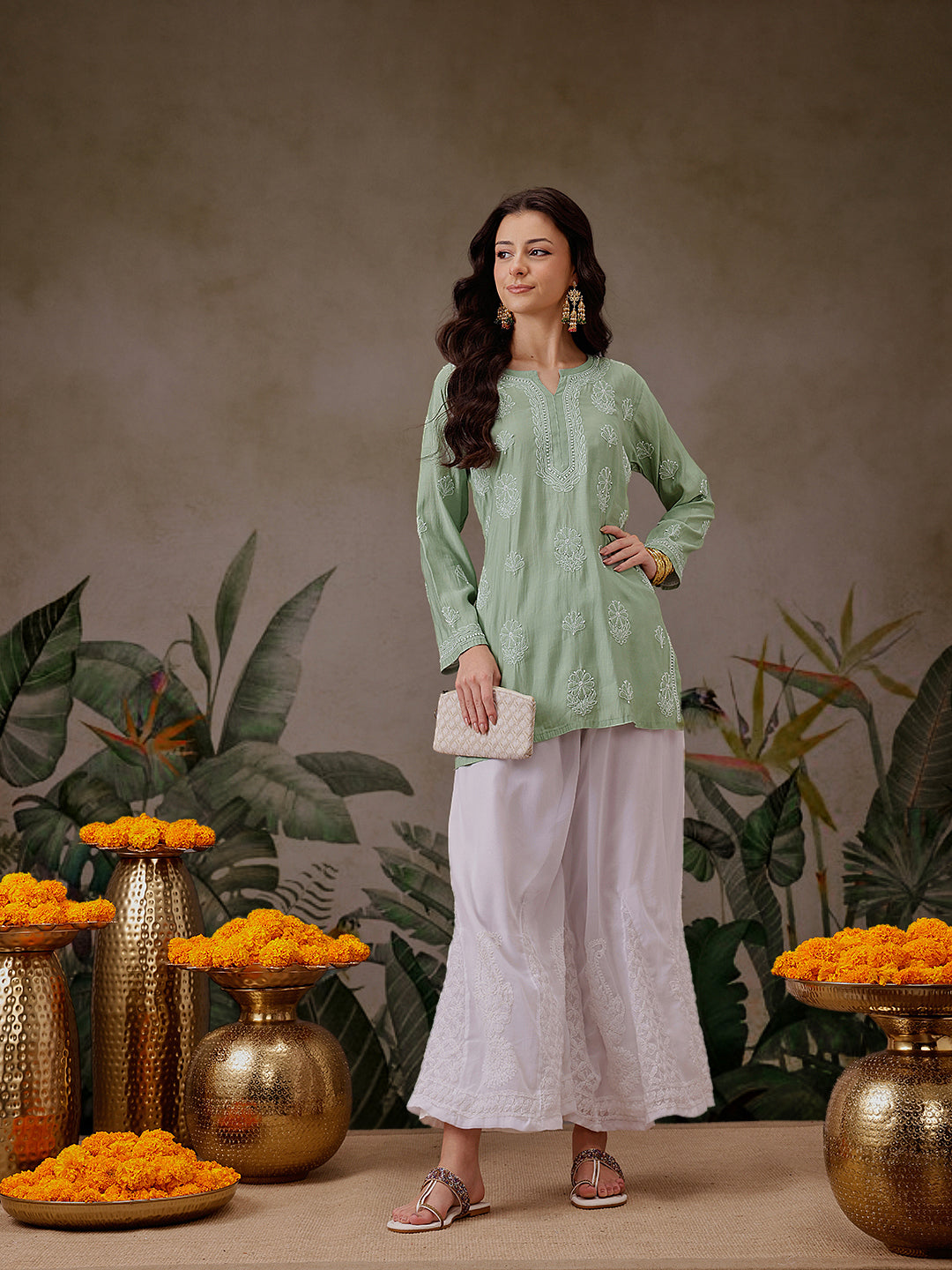 Pista-Green-Chanderi-Lucknowi-Chikankari-Short-Kurta-ONLY