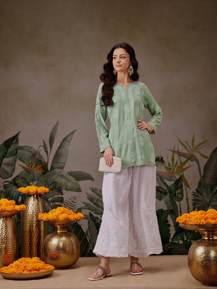 Pista-Green-Chanderi-Lucknowi-Chikankari-Short-Kurta-ONLY