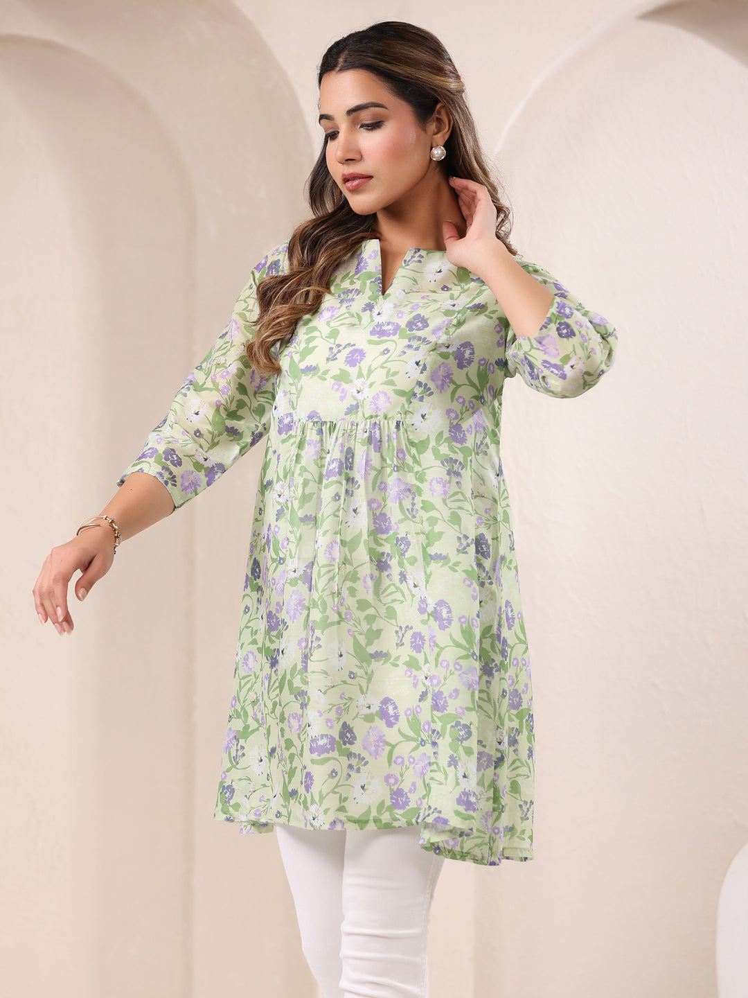 Green Cotton All-Over Floral A-Line Tunic Only