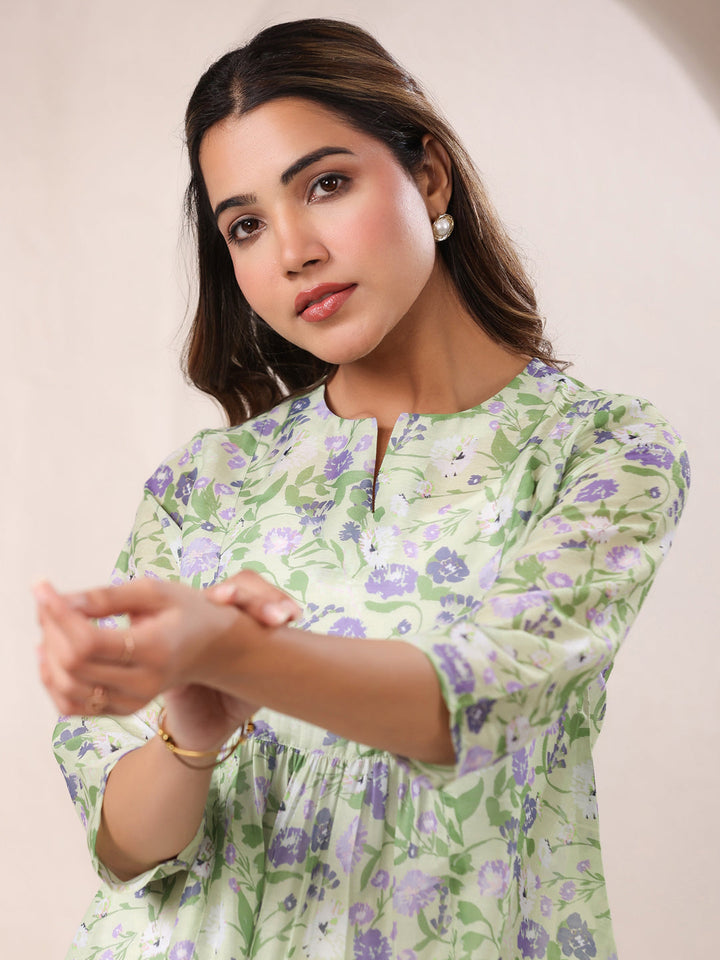 Green Cotton All-Over Floral A-Line Tunic Only