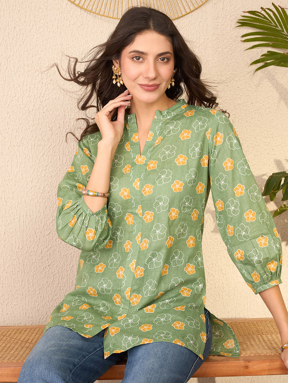 Green-Cotton-Blend-Floral-Printed-Tunic-Only