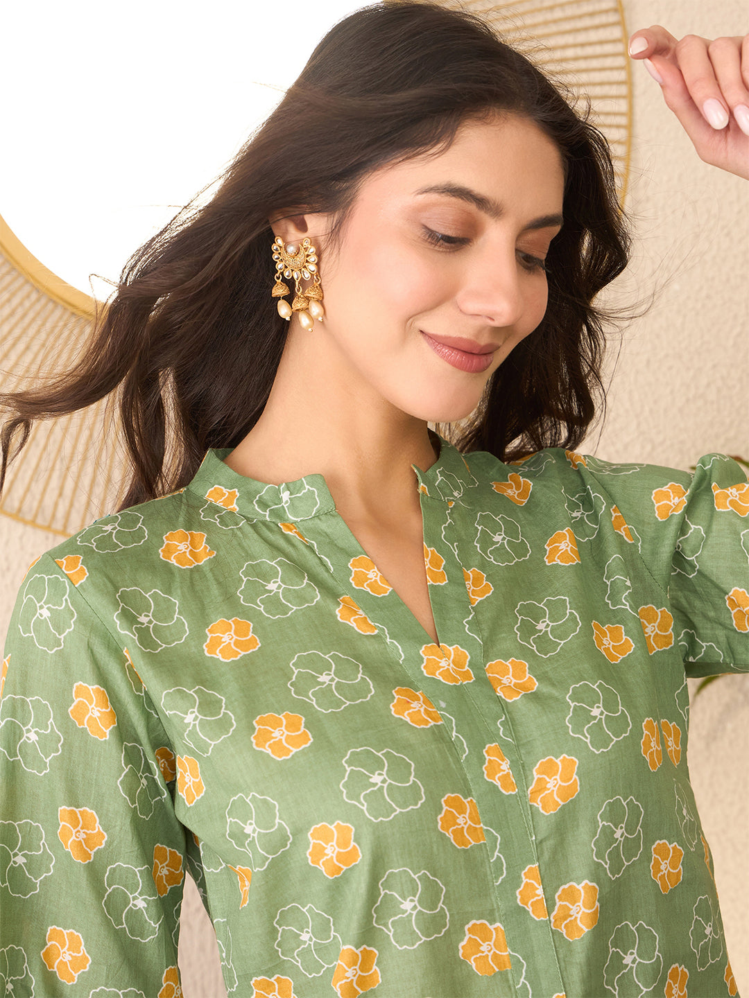 Green-Cotton-Blend-Floral-Printed-Tunic-Only