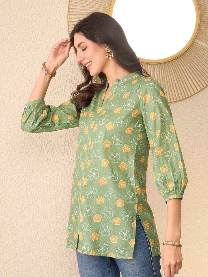 Green-Cotton-Blend-Floral-Printed-Tunic-Only