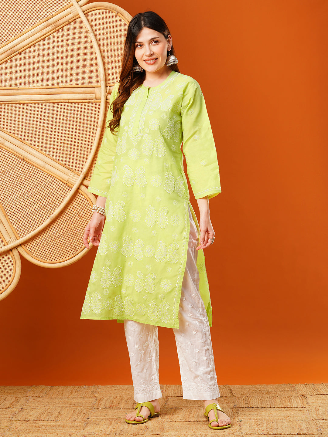 Light-Green-Cotton-Embroidered-Chikankari-Kurta-Only