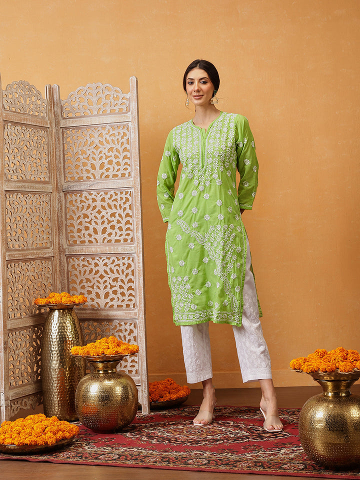 Green-Cotton-Embroidered-Lucknowi-Chikankari-Kurta-Only