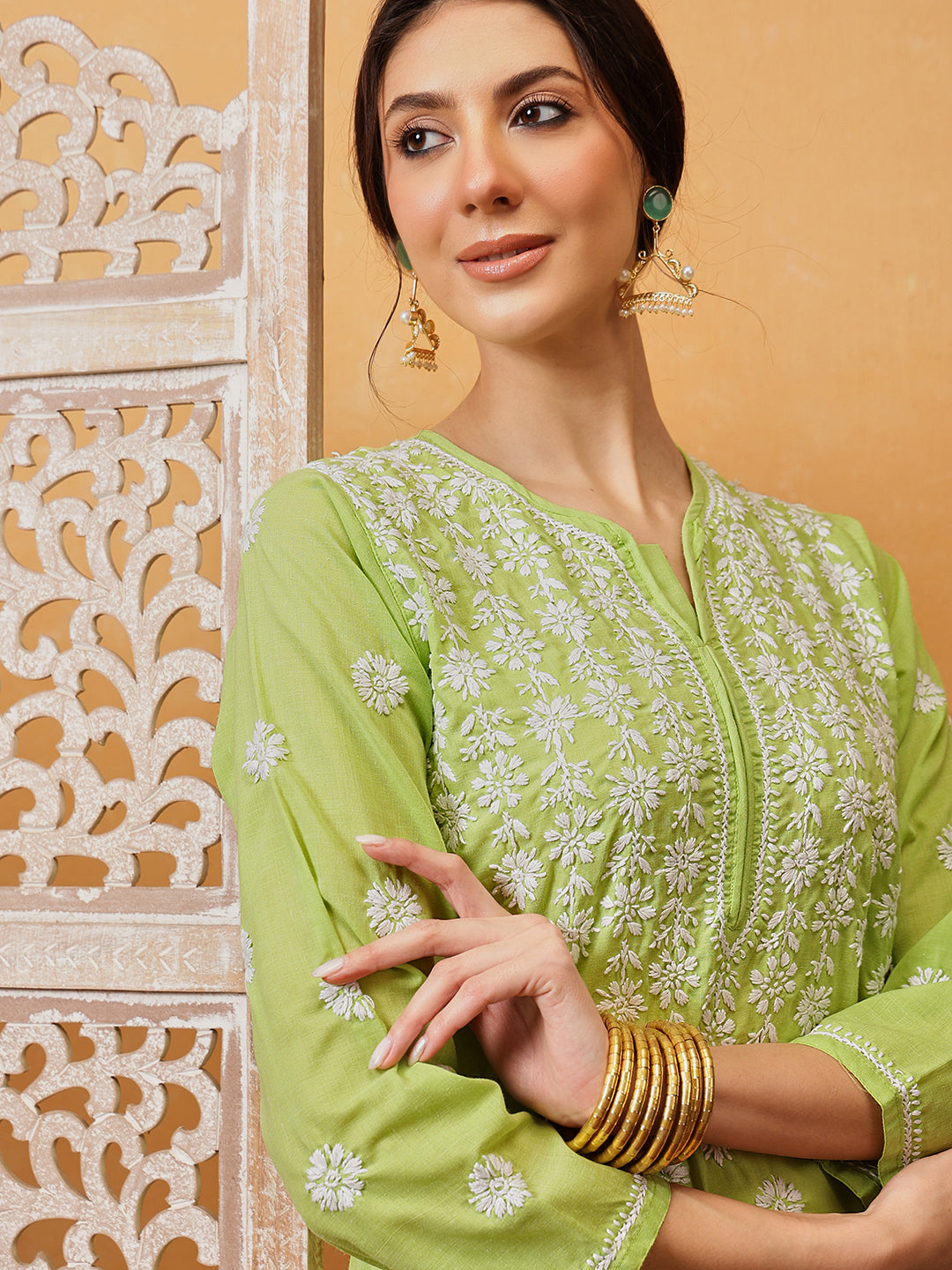 Green-Cotton-Embroidered-Lucknowi-Chikankari-Kurta-Only