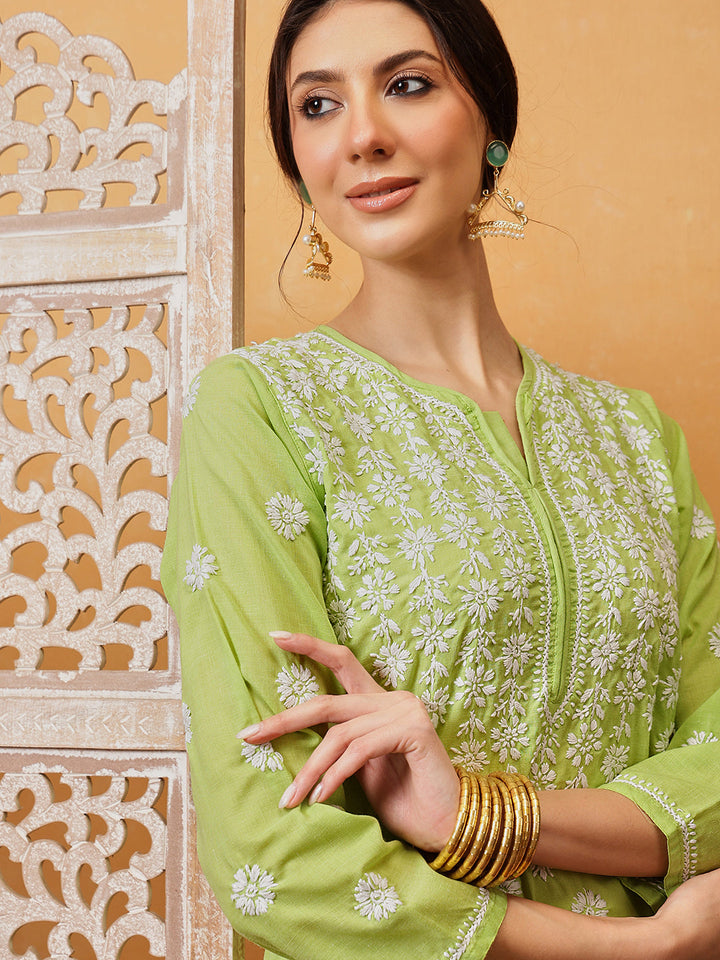 Green-Cotton-Embroidered-Lucknowi-Chikankari-Kurta-Only