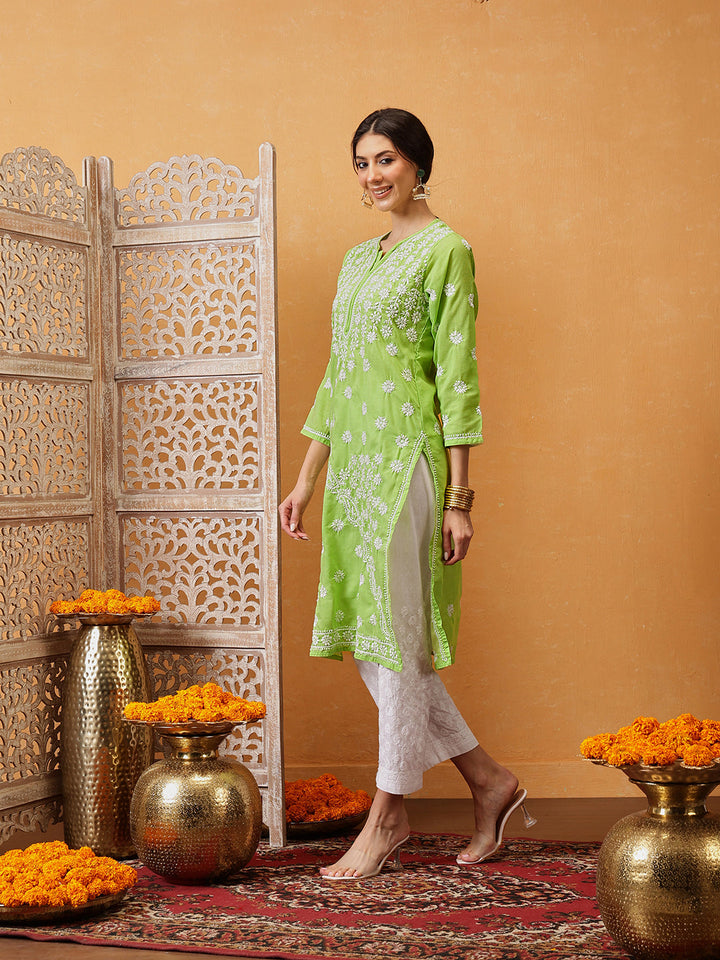 Green-Cotton-Embroidered-Lucknowi-Chikankari-Kurta-Only