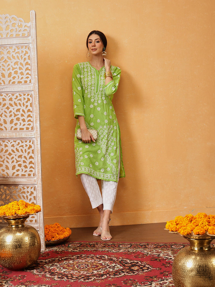 Green-Cotton-Embroidered-Lucknowi-Chikankari-Kurta-Only