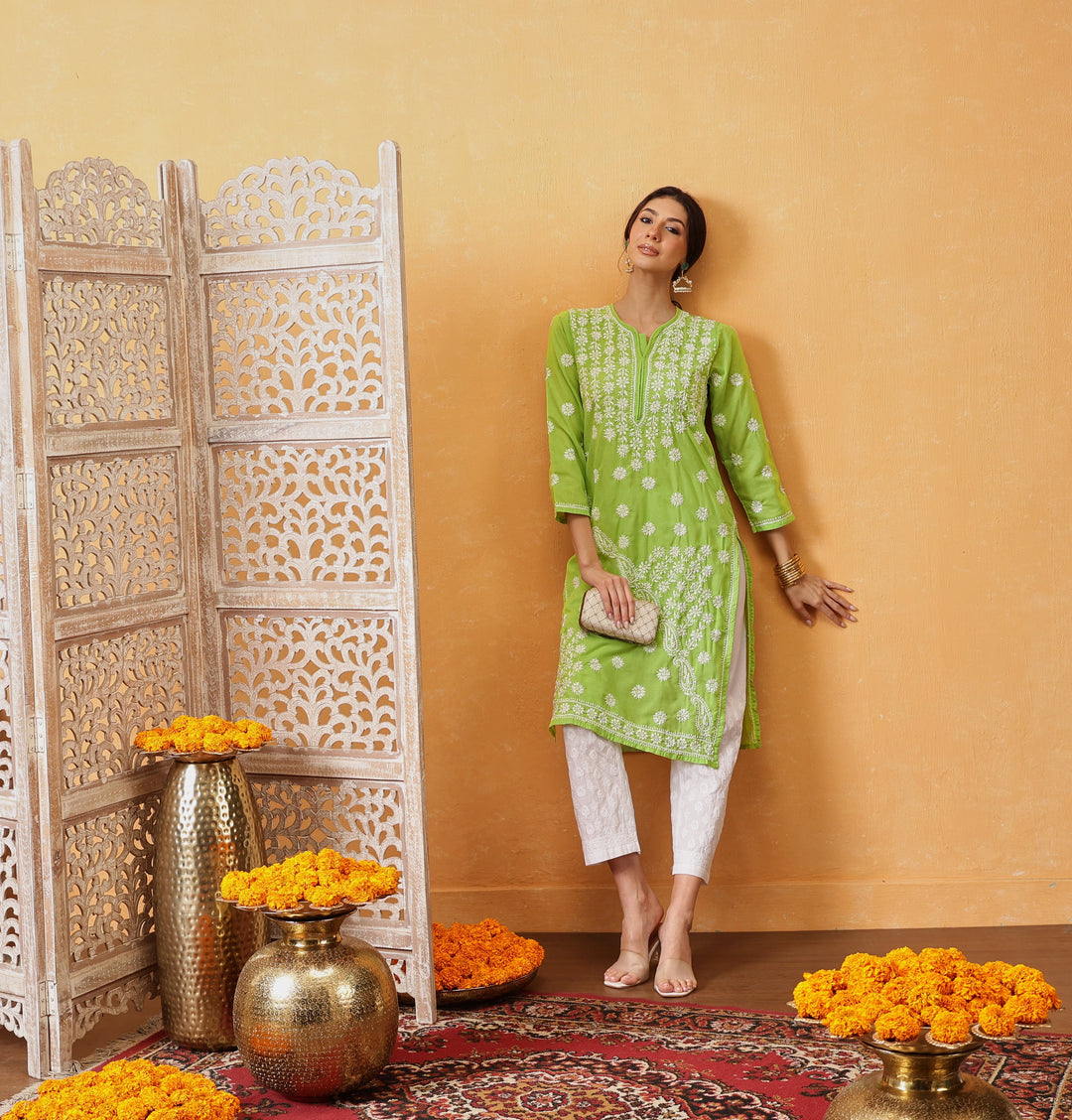 Green-Cotton-Embroidered-Lucknowi-Chikankari-Kurta-Only