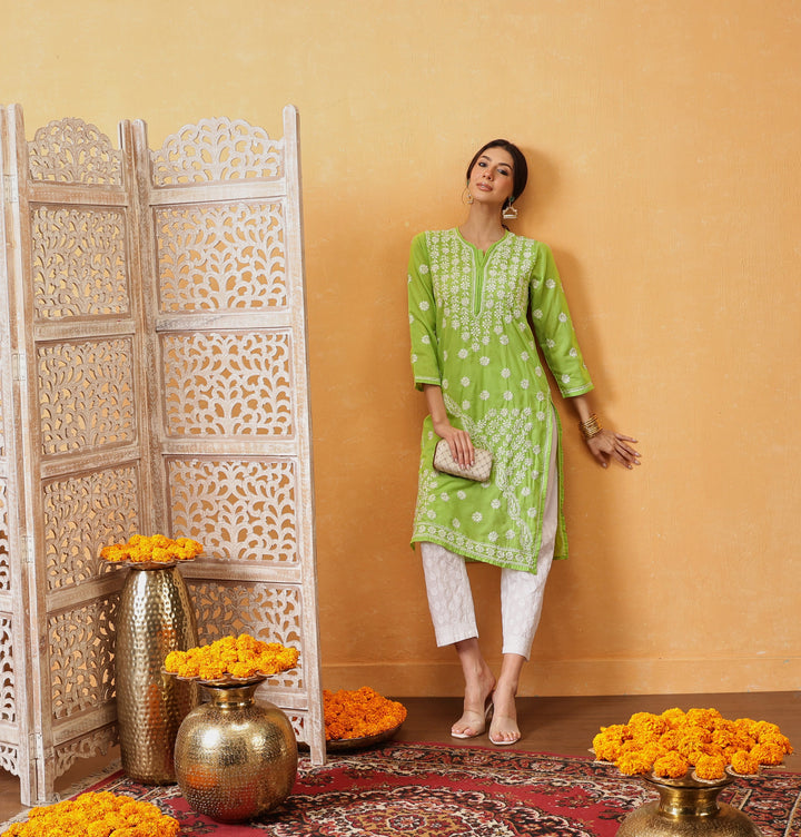 Green-Cotton-Embroidered-Lucknowi-Chikankari-Kurta-Only
