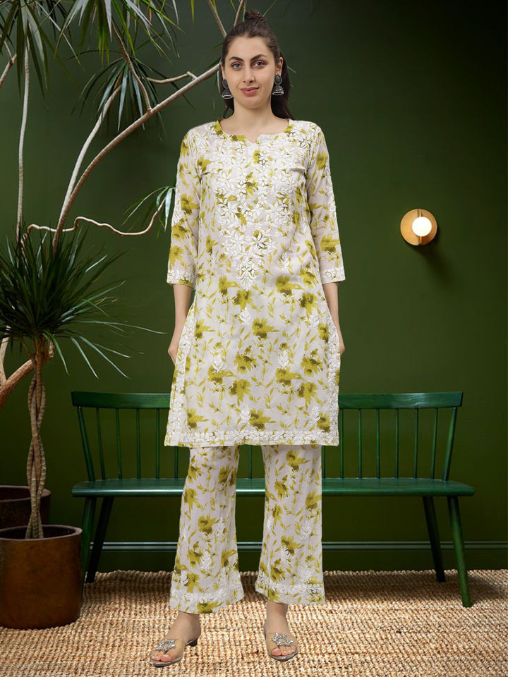 Green-Cotton-Lucknowi-Chikankari-Kurta-with-Pant-Set