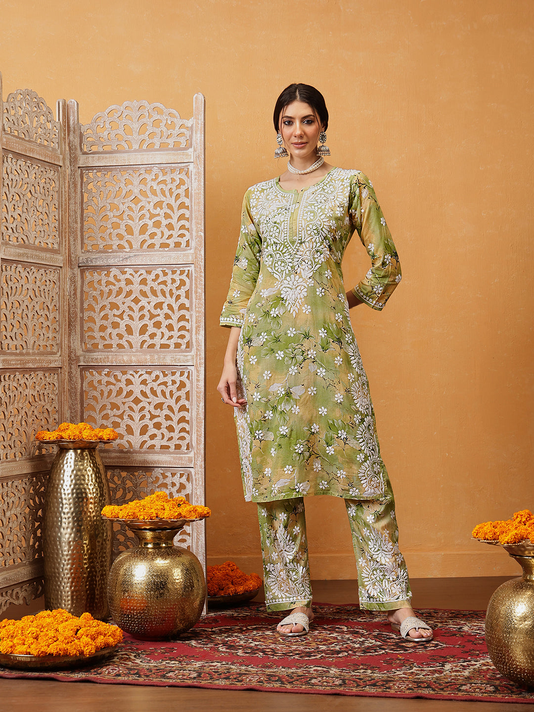 Green-Cotton-Lucknowi-Chikankari-Printed-Kurta-Set