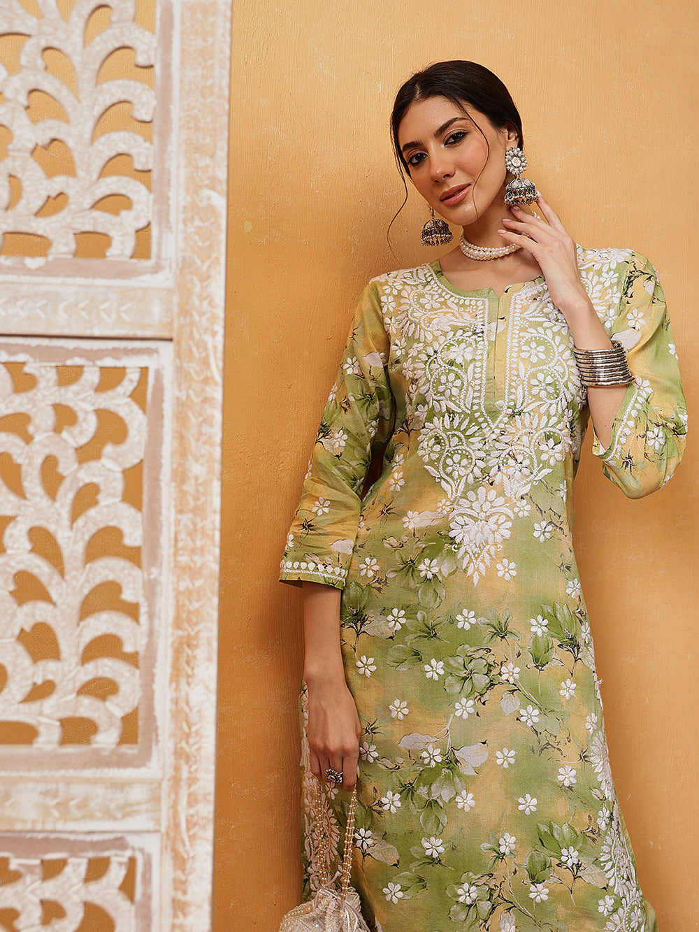 Green-Cotton-Lucknowi-Chikankari-Printed-Kurta-Set