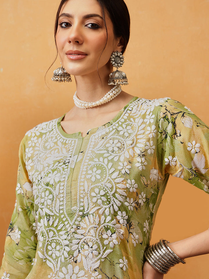 Green-Cotton-Lucknowi-Chikankari-Printed-Kurta-Set