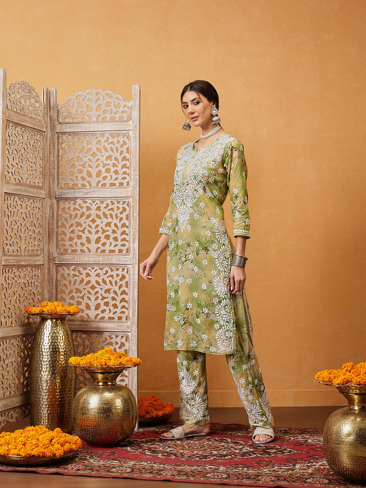 Green-Cotton-Lucknowi-Chikankari-Printed-Kurta-Set