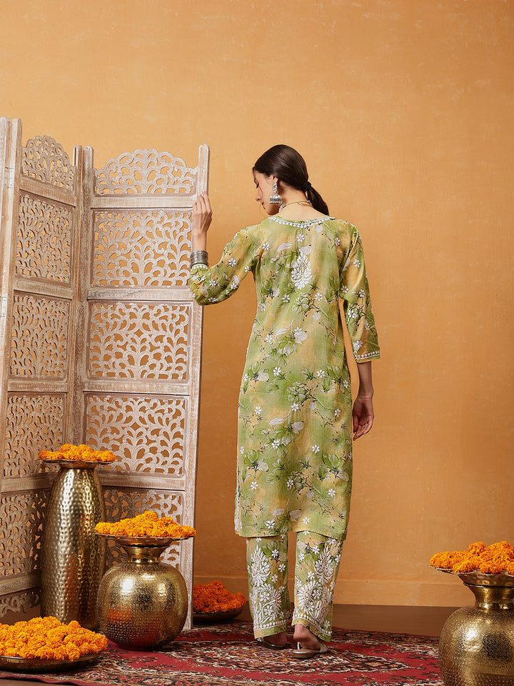 Green-Cotton-Lucknowi-Chikankari-Printed-Kurta-Set