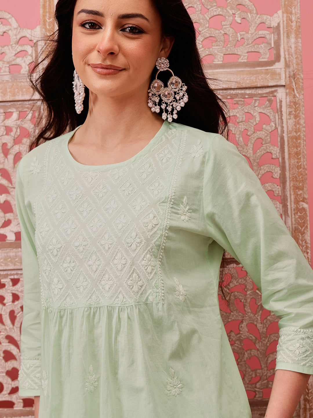Light-Green-Cotton-Lucknowi-Chikankari-Short-Kurta-ONLY