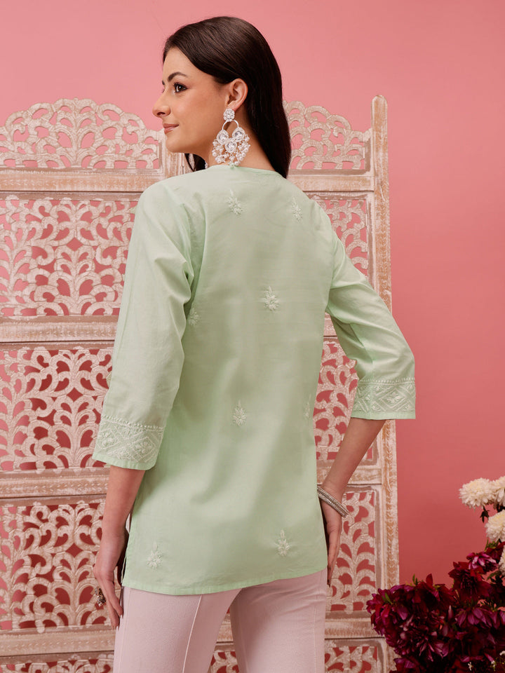 Light-Green-Cotton-Lucknowi-Chikankari-Short-Kurta-ONLY