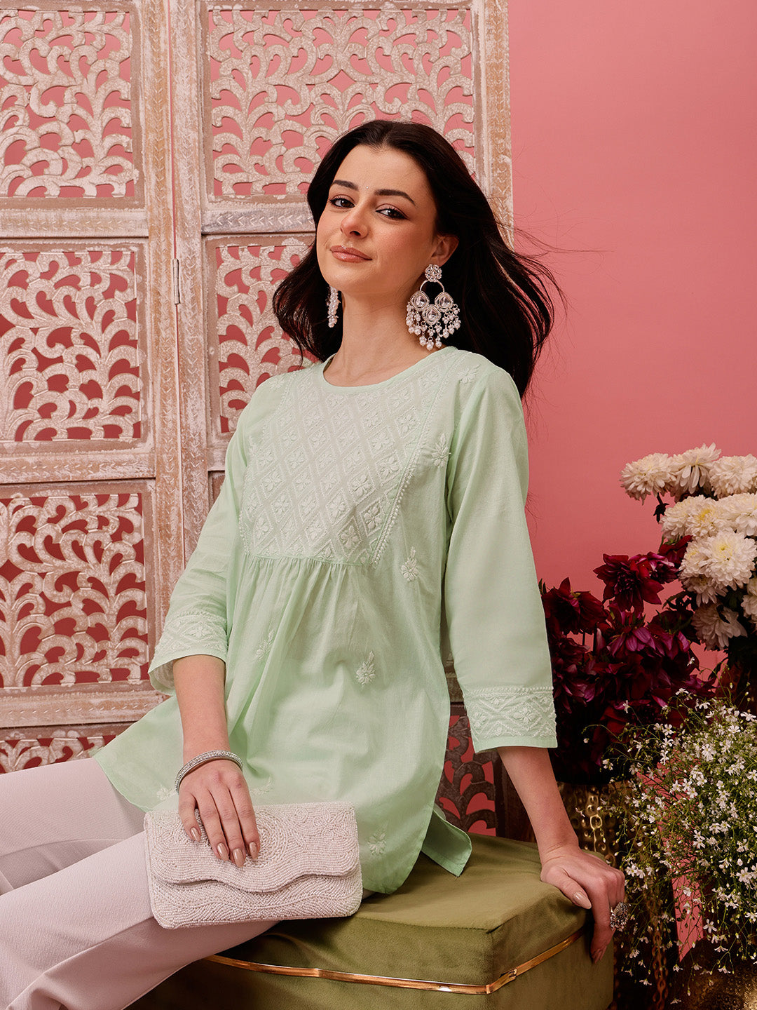 Light-Green-Cotton-Lucknowi-Chikankari-Short-Kurta-ONLY